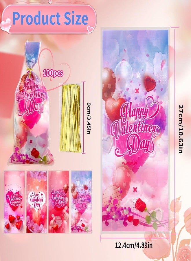 SHBLOMK 100 Pack Valentine Cellophane Treat Bags, Goodie Candy Bags, Red Heart Cello Gift Bags with 100pcs Twist Ties for Valentines, Wedding, Party Supplies - Image 2